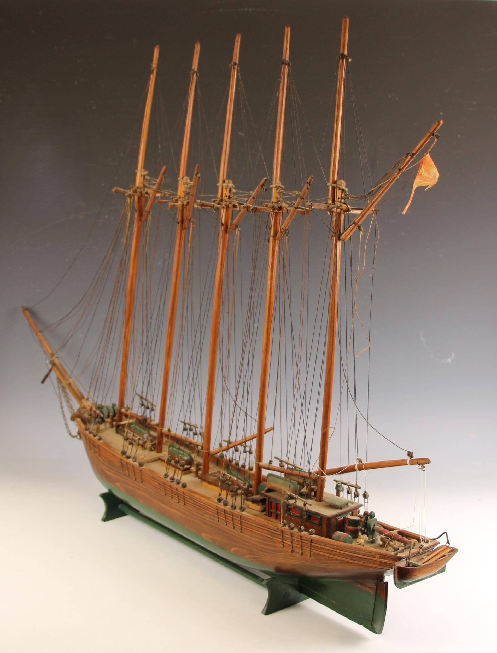 A wooden model of a five masted schooner or tea clipper, the rigging ...