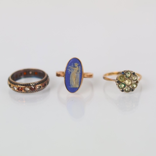102 - A group of three rings, including a 9ct gold Wedgwood plaque ring, hallmarked to interior for Cheste... 