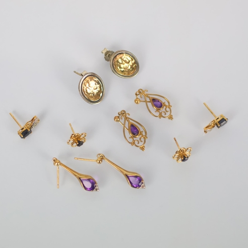 103 - A selection of earrings, including a pair of amethyst examples, of drop form with openwork detail, 2... 