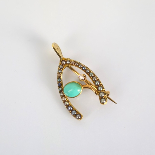 111 - A 19th century diamond and turquoise brooch, the seed pearl set wishbone designed brooch set with ol... 