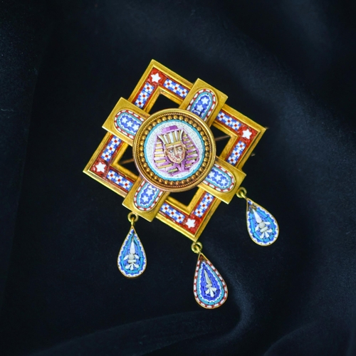 113 - A 19th century Egyptian revival micro mosaic brooch, probably Italian, the square shaped openwork br... 