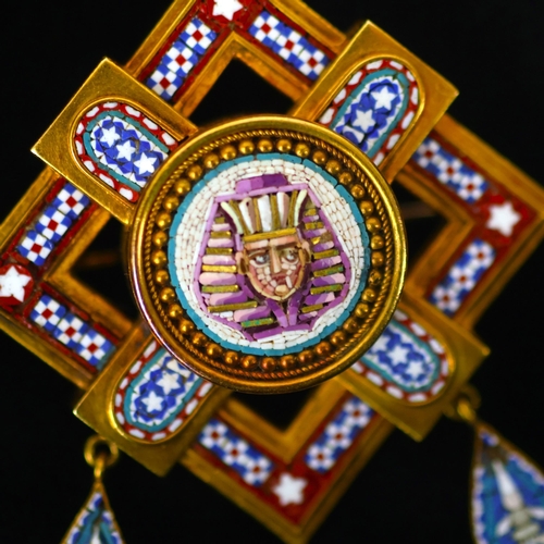 113 - A 19th century Egyptian revival micro mosaic brooch, probably Italian, the square shaped openwork br... 