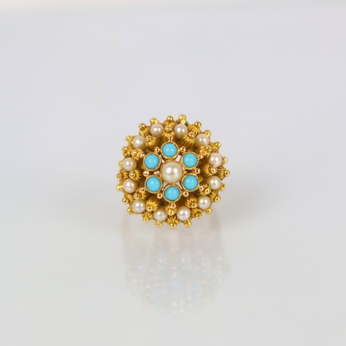 114 - A late 20th century turquoise and cultured pearl cocktail ring, possibly Portuguese, the large bombe... 