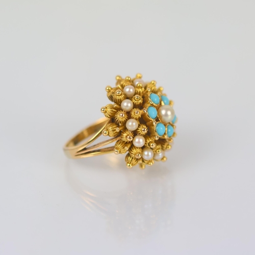 114 - A late 20th century turquoise and cultured pearl cocktail ring, possibly Portuguese, the large bombe... 