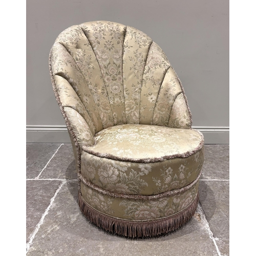 600 - An early 20th century Art Deco fan back salon chair, upholstered in a floral damask type gold fabric... 