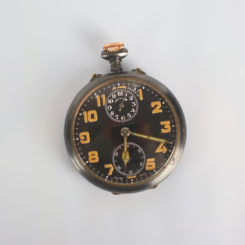 92 - An early 20th century Zenith alarm pocket watch, the black dial with Arabic numerals and two subsidi... 