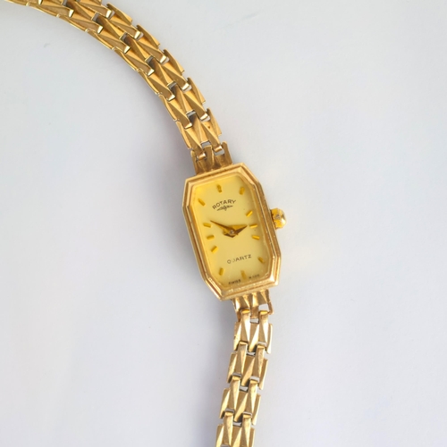 94 - A ladies 9ct gold Rotary quartz wristwatch, the shaped rectangular face with baton markers, set in p... 