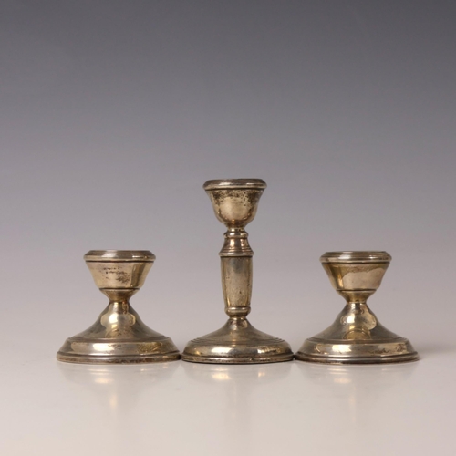 11 - A pair of mid 20th century silver mounted dwarf candlesticks, W I Broadway & Co, Birmingham 1967, of... 