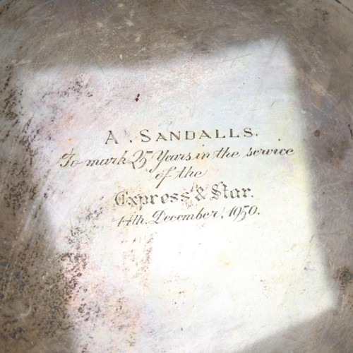 5 - A mid 20th century silver salver, Viner's Ltd, Sheffield 1958, the shaped rim above presentation eng... 