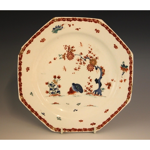300 - A Bow porcelain kakiemon palette octagonal plate in the 'Two Quail' pattern, circa 1765, unmarked, 2... 