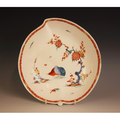 305 - A Bow porcelain kakiemon palette leaf shaped dish in the 'Two Quail' pattern, mid 18th century circa... 