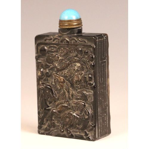 326 - A Chinese carved horn snuff bottle, early 20th century, of rectangular form and carved with deer (Lu... 