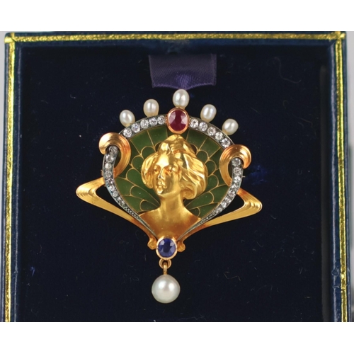 104 - An early 20th century French brooch/pendant, the Art Nouveau brooch with central depiction of maiden... 