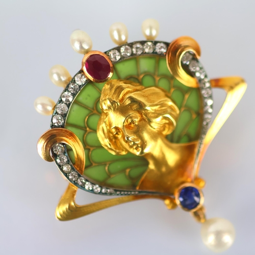 104 - An early 20th century French brooch/pendant, the Art Nouveau brooch with central depiction of maiden... 