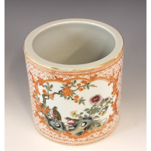 328 - A Chinese porcelain iron-red brush pot (bitong), Qianlong seal mark, of cylindrical form and externa... 