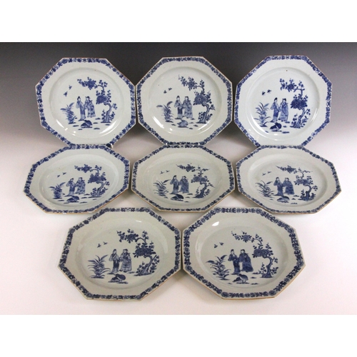 330 - A set of eight Chinese export porcelain blue and white plates, 18th century, each of octagonal form ... 