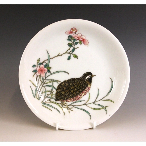 332 - A Chinese porcelain 'Quail' dish, Yongzheng character mark, the circular shallow bowl centrally pain... 