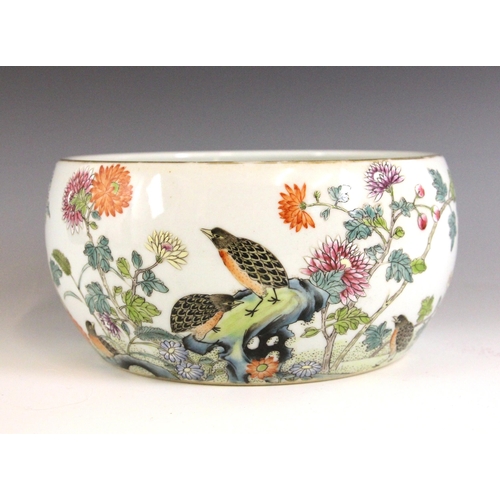 333 - A Chinese porcelain famille rose brush washer (bitong), Qianlong seal mark, the waisted cylindrical ... 