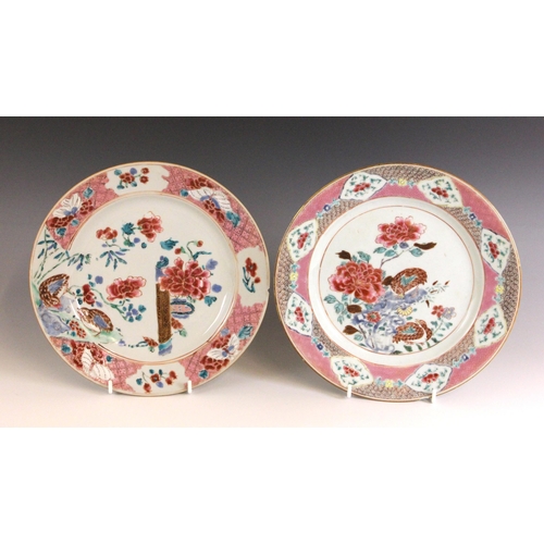 335 - A near pair of Chinese porcelain famille rose 'Quail' plates, 18th century, each shallow circular pl... 