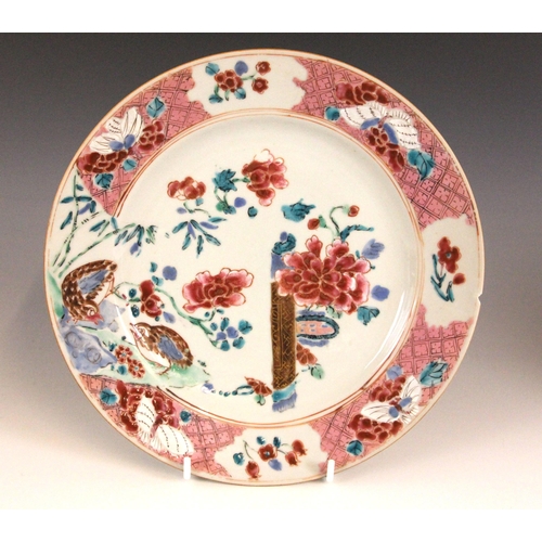 335 - A near pair of Chinese porcelain famille rose 'Quail' plates, 18th century, each shallow circular pl... 