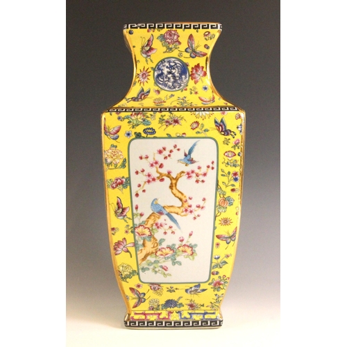 337 - A Chinese famille jaune vase, Qianlong four-character mark, the vase of baluster square section deco... 