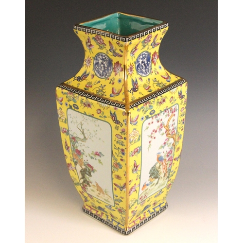 337 - A Chinese famille jaune vase, Qianlong four-character mark, the vase of baluster square section deco... 