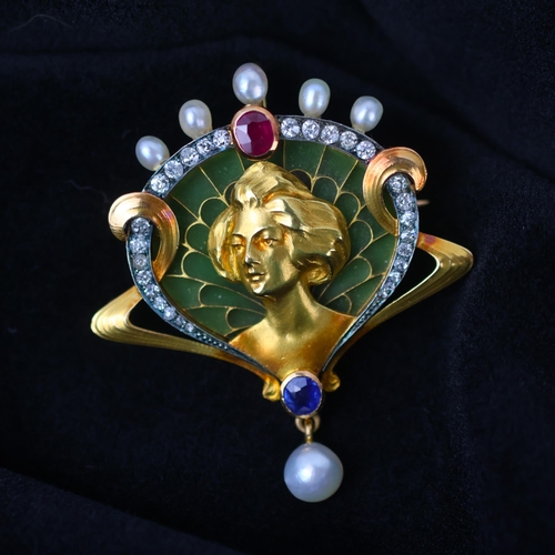 104 - An early 20th century French brooch/pendant, the Art Nouveau brooch with central depiction of maiden... 