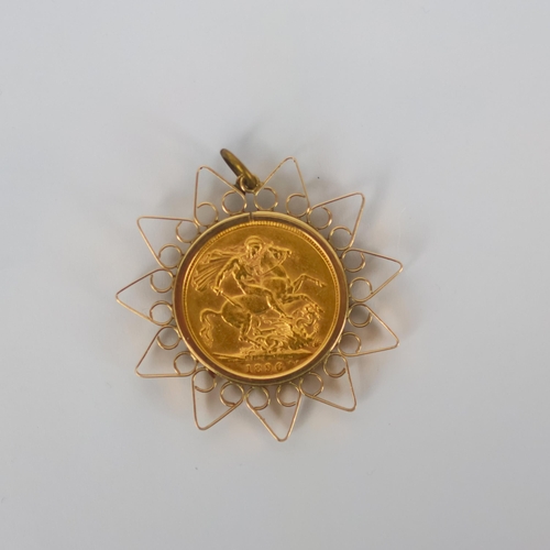 125 - Victoria (1837-1901) full sovereign, dated 1896, within a yellow metal pendant mount, marked '9ct' g... 