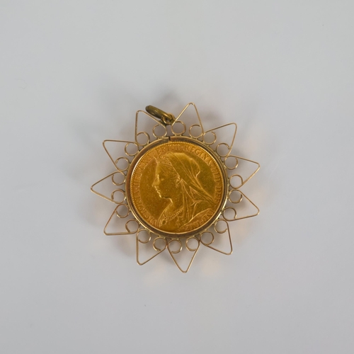 125 - Victoria (1837-1901) full sovereign, dated 1896, within a yellow metal pendant mount, marked '9ct' g... 