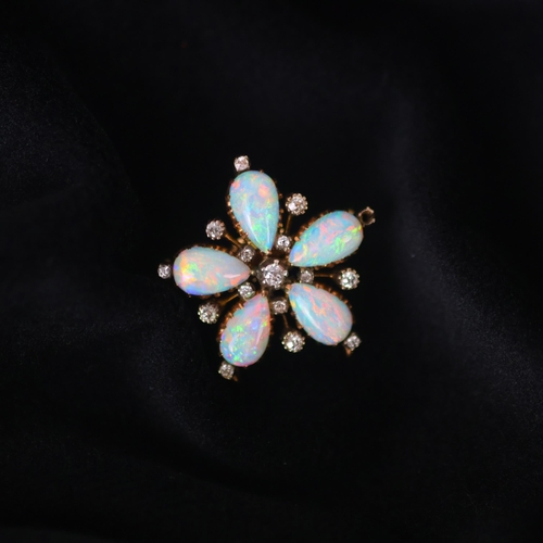127 - A 19th century opal and diamond brooch/pendant, the five pear shaped cabochon opals set with old cut... 
