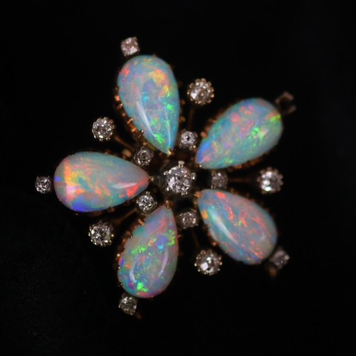 127 - A 19th century opal and diamond brooch/pendant, the five pear shaped cabochon opals set with old cut... 