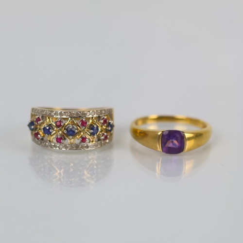 133 - A 9ct gold amethyst dress ring, the tension set amethyst within tapering yellow metal shank, import ... 