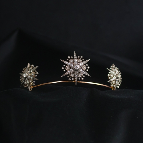 150 - A 19th century trio of diamond brooches converting to a tiara, hair combs and /or pendants, the thre... 