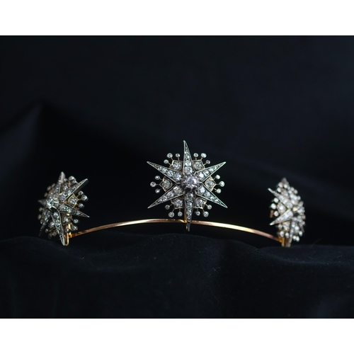 150 - A 19th century trio of diamond brooches converting to a tiara, hair combs and /or pendants, the thre... 