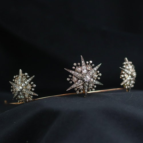 150 - A 19th century trio of diamond brooches converting to a tiara, hair combs and /or pendants, the thre... 
