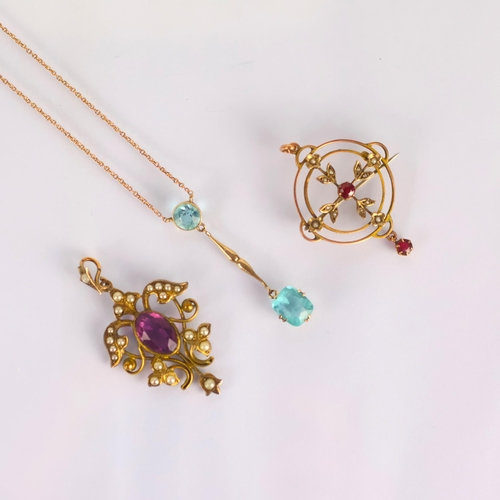 151 - An early 20th century style necklace, the round cut blue paste stone suspending a knife edge style b... 