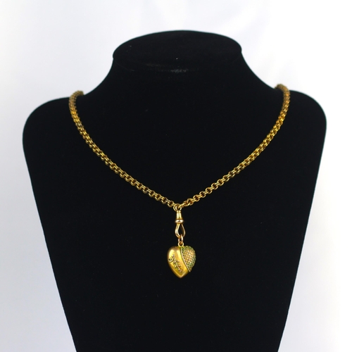 168 - An early 20th century yellow metal chain, the double style trace link chain with applied '15' pad an... 