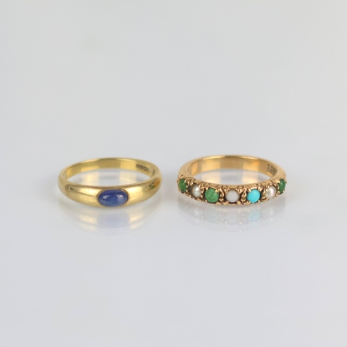 175 - An early 20th century style ring, the pearl and turquoise coloured stones set within yellow metal le... 