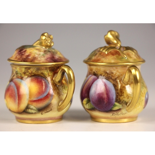 317 - Two Royal Worcester 'Fallen Fruit' coffee cups and saucers, one hand-painted by Derek Shinnie, the o... 