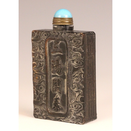 326 - A Chinese carved horn snuff bottle, early 20th century, of rectangular form and carved with deer (Lu... 