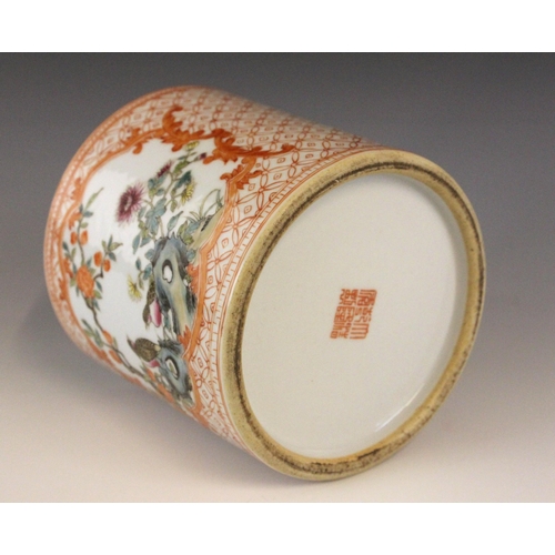 328 - A Chinese porcelain iron-red brush pot (bitong), Qianlong seal mark, of cylindrical form and externa... 