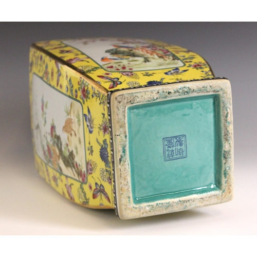 337 - A Chinese famille jaune vase, Qianlong four-character mark, the vase of baluster square section deco... 