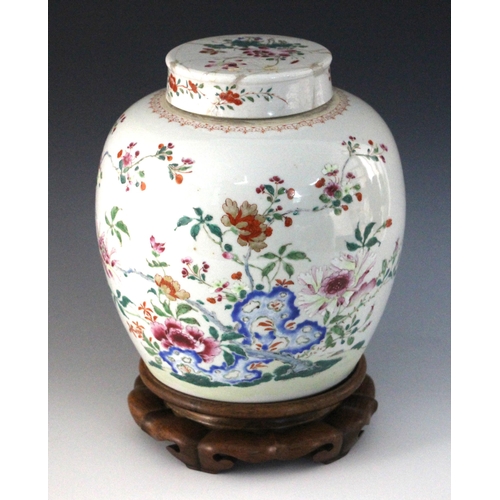 361 - A large Chinese porcelain ginger jar, cover and stand, 18th century, of typical ovoid form and paint... 