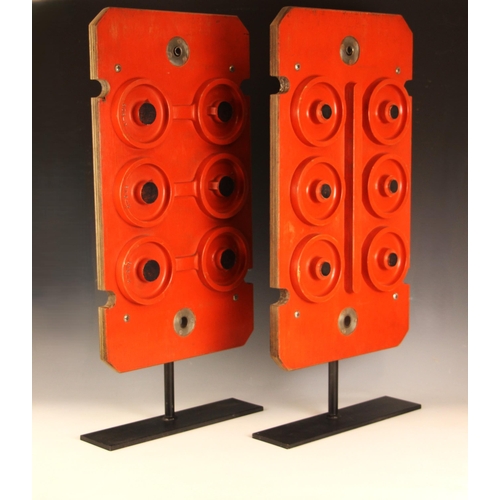 373 - Two cylinder head casting patterns, 20th century, the wooden patterns of conforming shape with origi... 