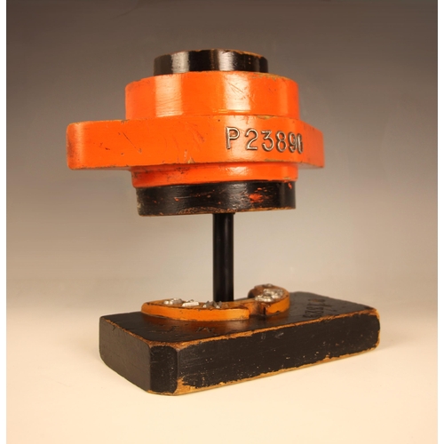 375 - A 'P23896' engine component casting pattern, 20th century, the wooden pattern in original red and bl... 