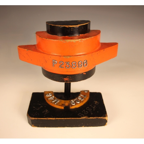 375 - A 'P23896' engine component casting pattern, 20th century, the wooden pattern in original red and bl... 