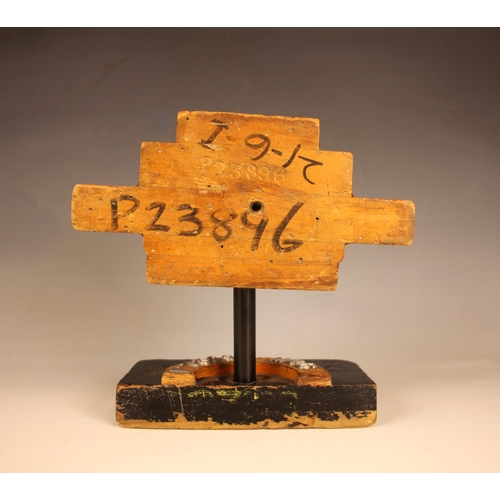 375 - A 'P23896' engine component casting pattern, 20th century, the wooden pattern in original red and bl... 