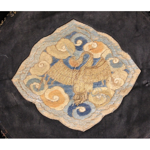 412 - A Chinese silk embroidered panel, 19th century,  the lozenge shaped panel embroidered with metallic ... 