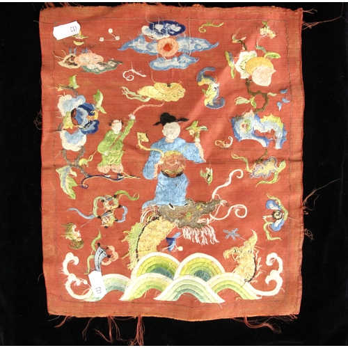 413 - A Chinese silk embroidered panel, 19th century, embroidered in polychrome threads with 'forbidden' k... 