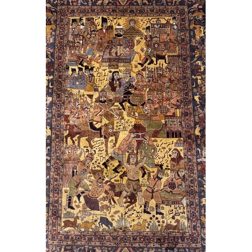 476 - A Persian Tabriz pictorial silk rug, the central field decorated with processions of warriors and ku... 